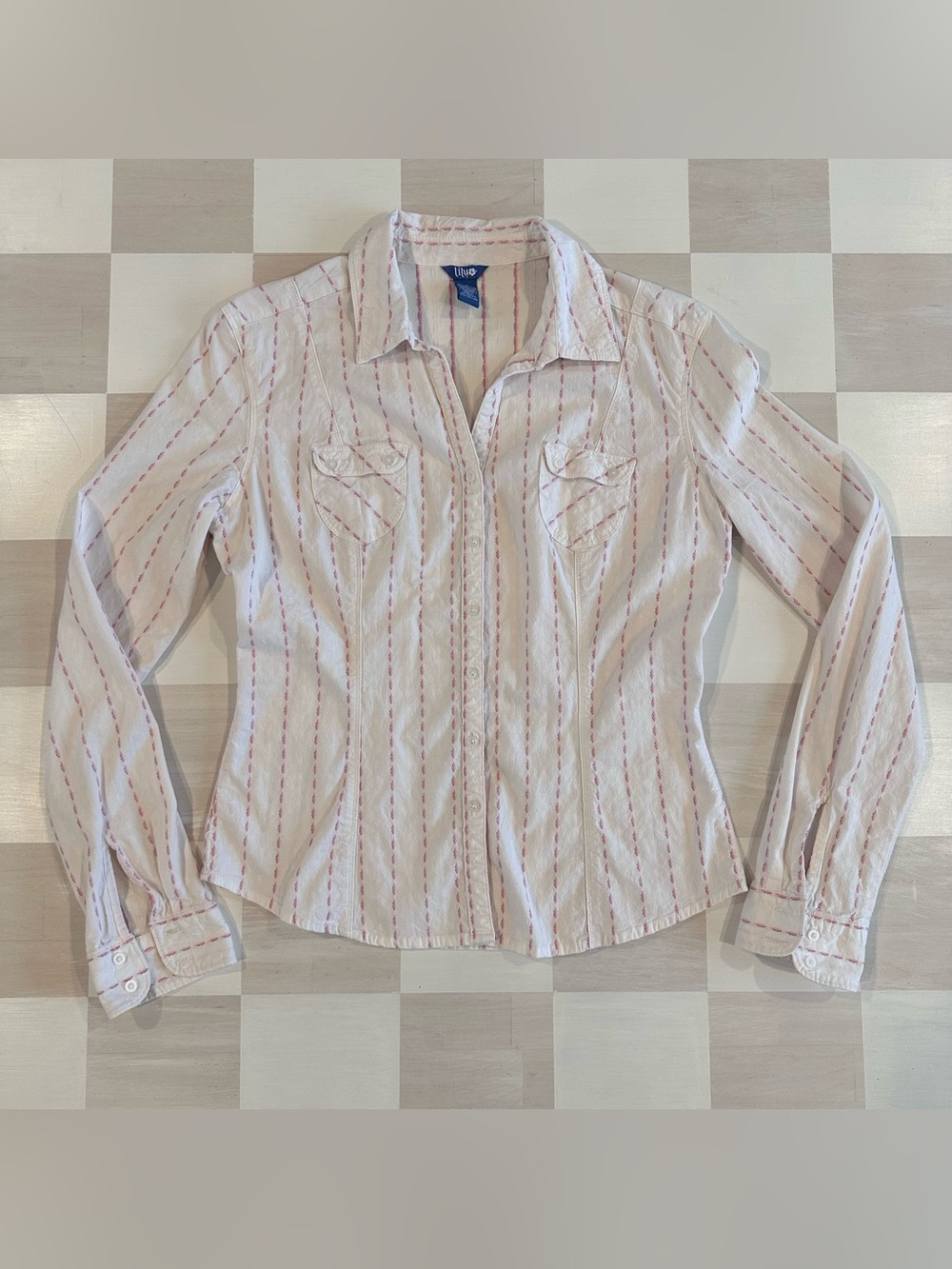 y2k lilu pink purple off white striped button up cotton blend blouse